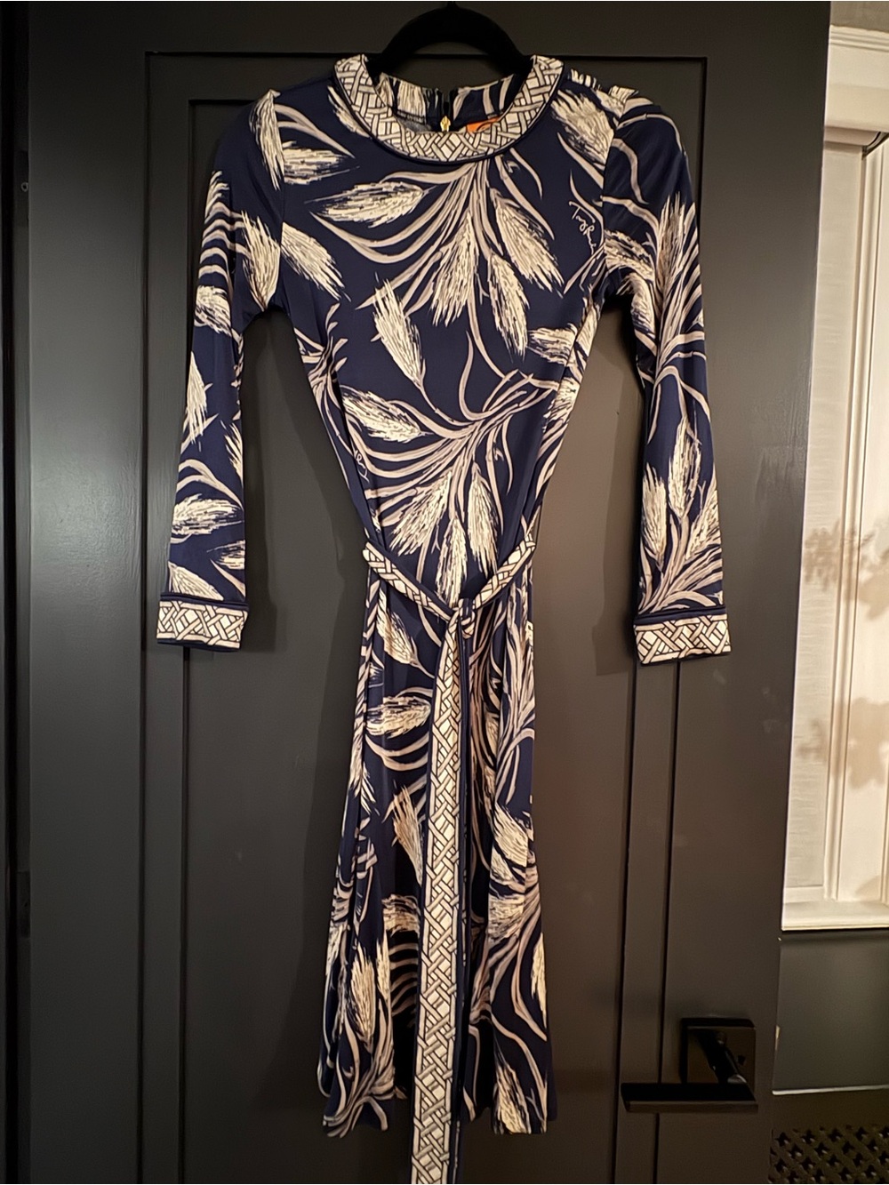Tory Burch Navy and Cream Botanical Tie-Waist Long Sleeve Dress